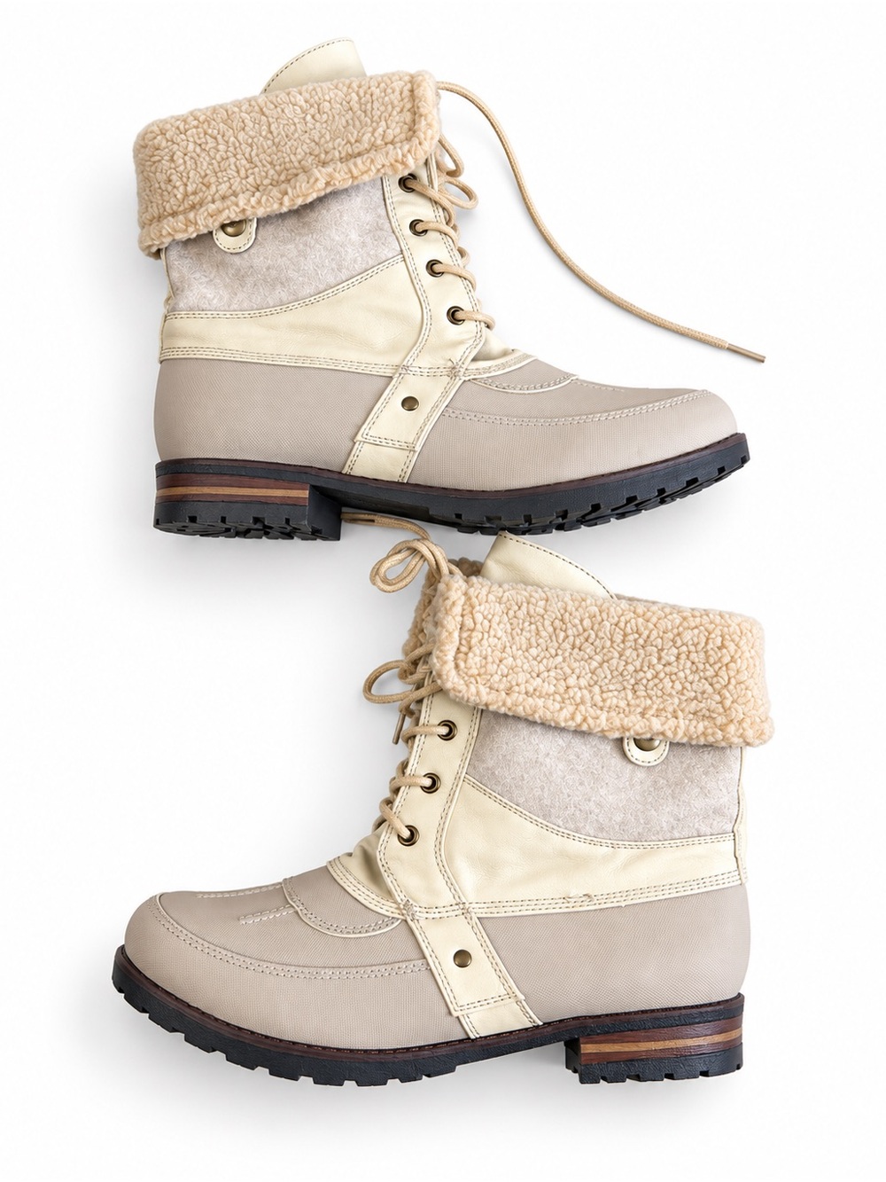 Rock & Candy Derry Women’s Faux Fur Lace-Up Winter Boots – Beige/Cream – Size 10